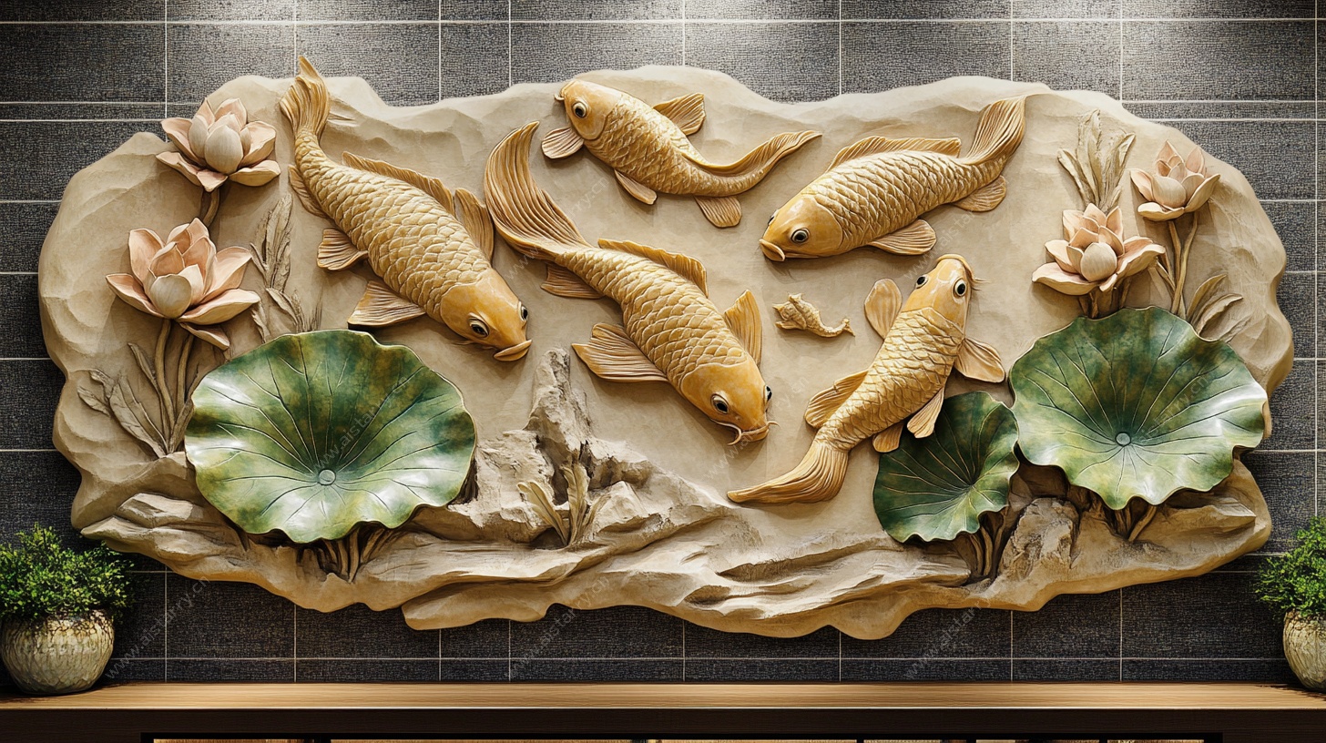 中式锦鲤荷花浮雕装饰画