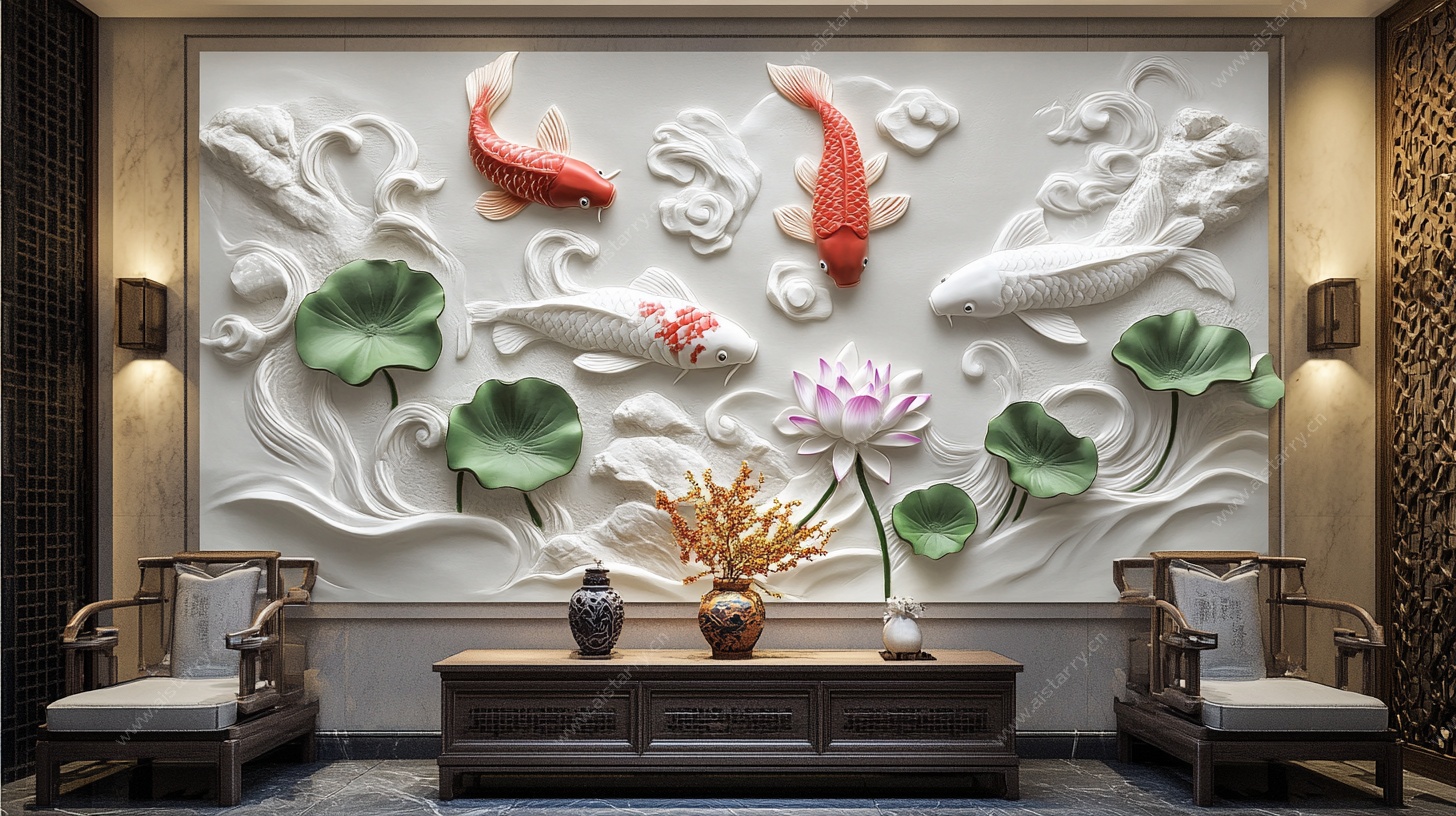 中式客厅锦鲤浮雕背景墙
