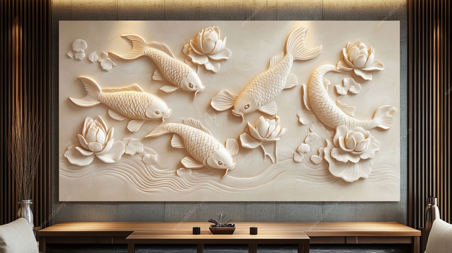 中式浮雕鱼莲图背景墙