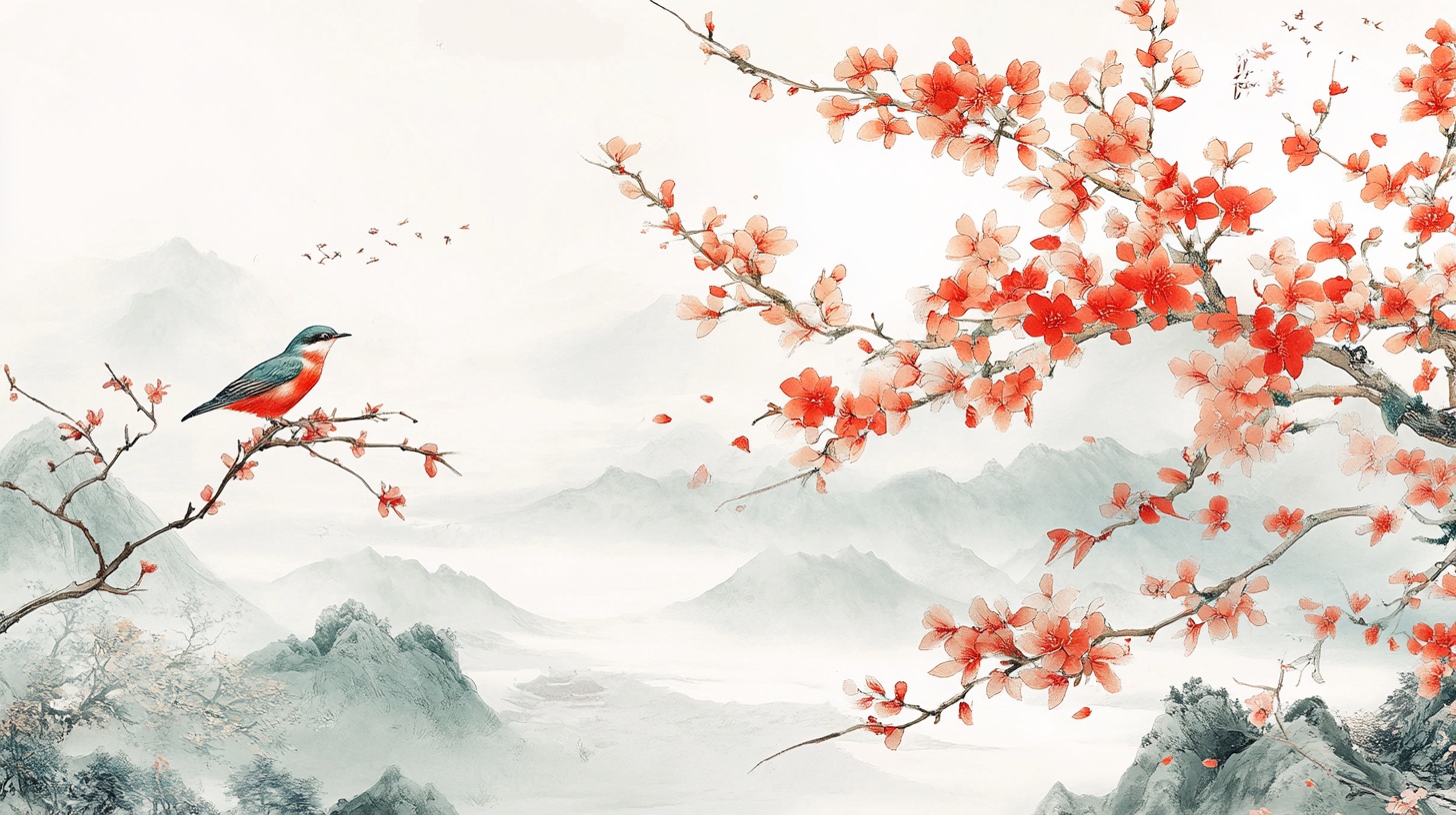 红梅栖鸟水墨山水图