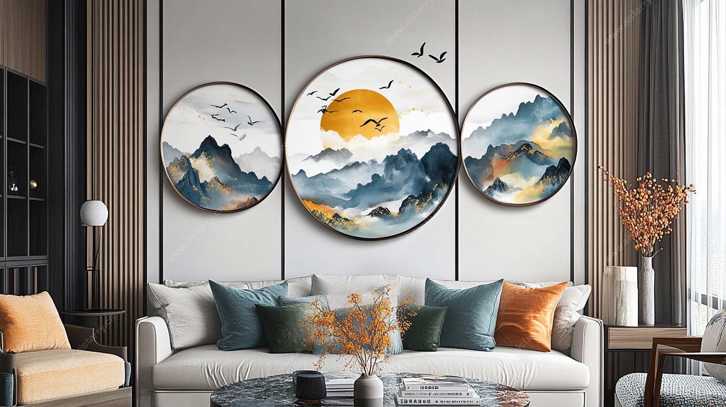 现代客厅三联山水装饰画
