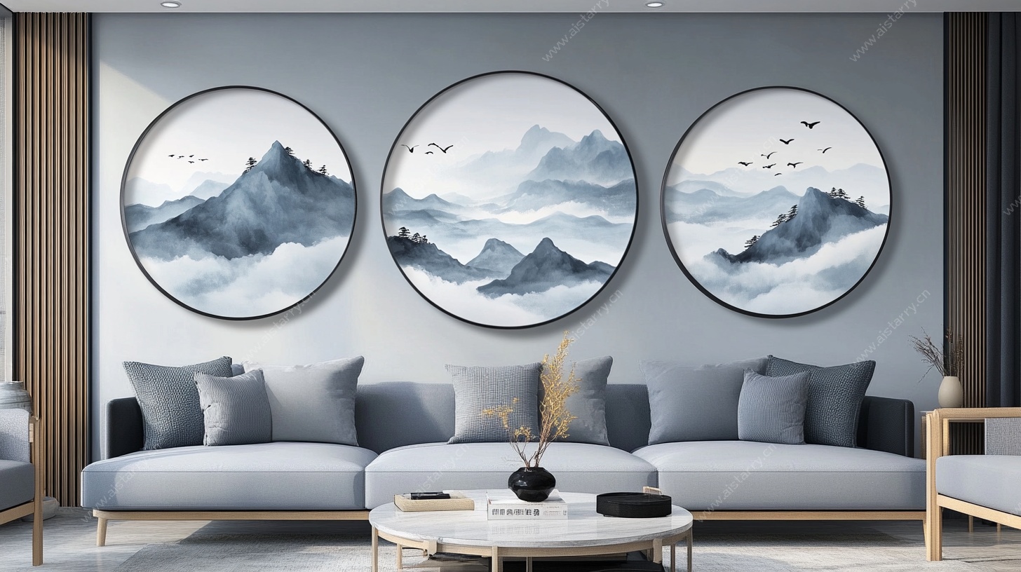 新中式客厅圆形山水装饰画
