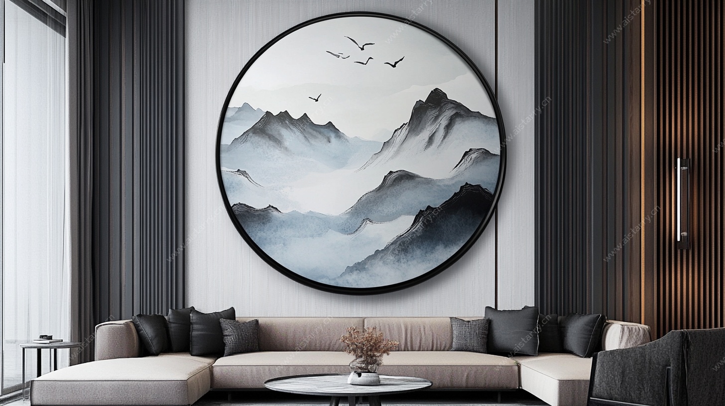 中式客厅圆形山水装饰画