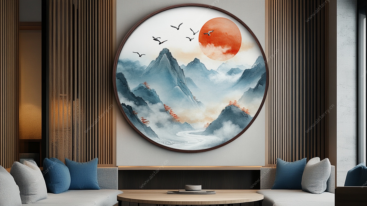 中式客厅圆形山水装饰画