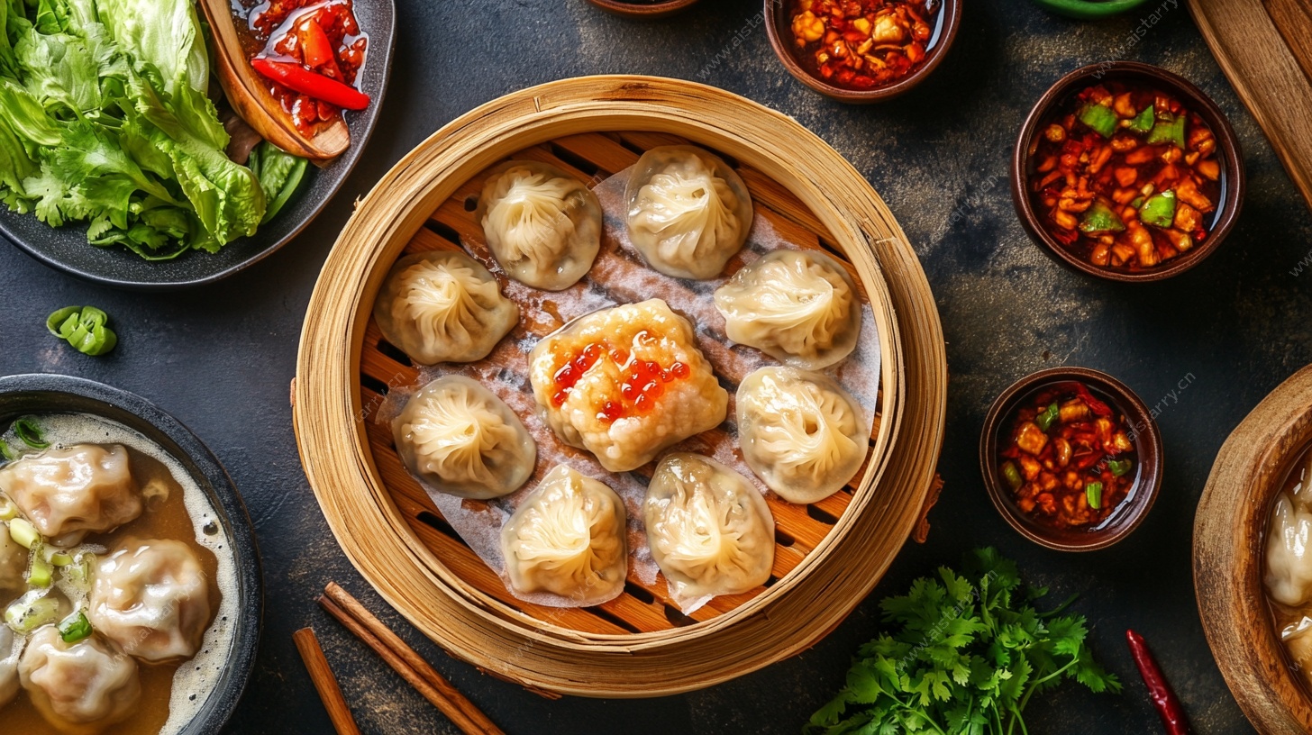 竹笼蒸饺配多样调料