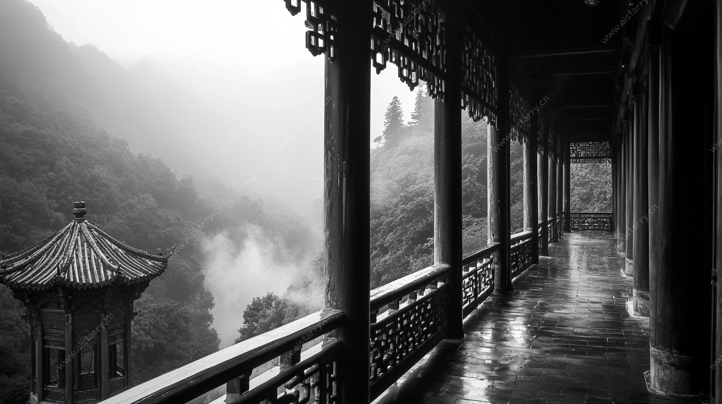 水墨廊亭山水景