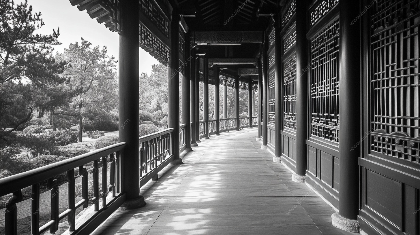 中式长廊黑白风景图