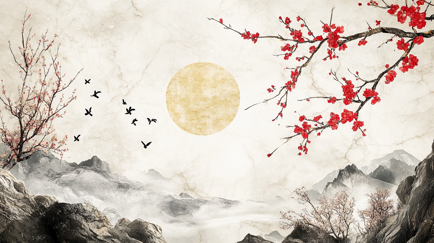 水墨山水红梅明月图