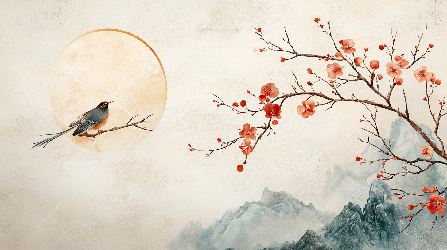月夜红梅栖鸟图