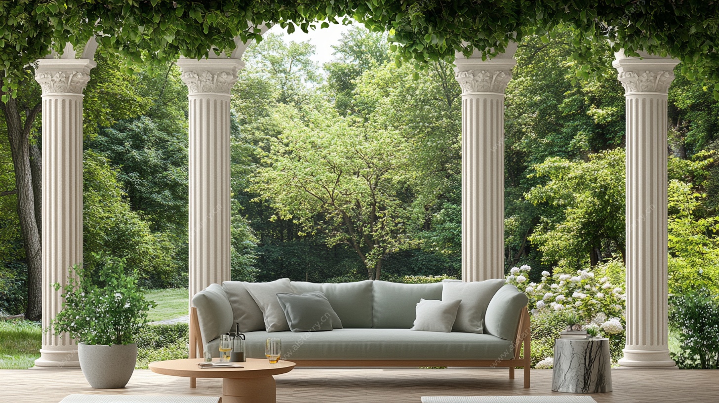 户外庭院沙发与古典柱景