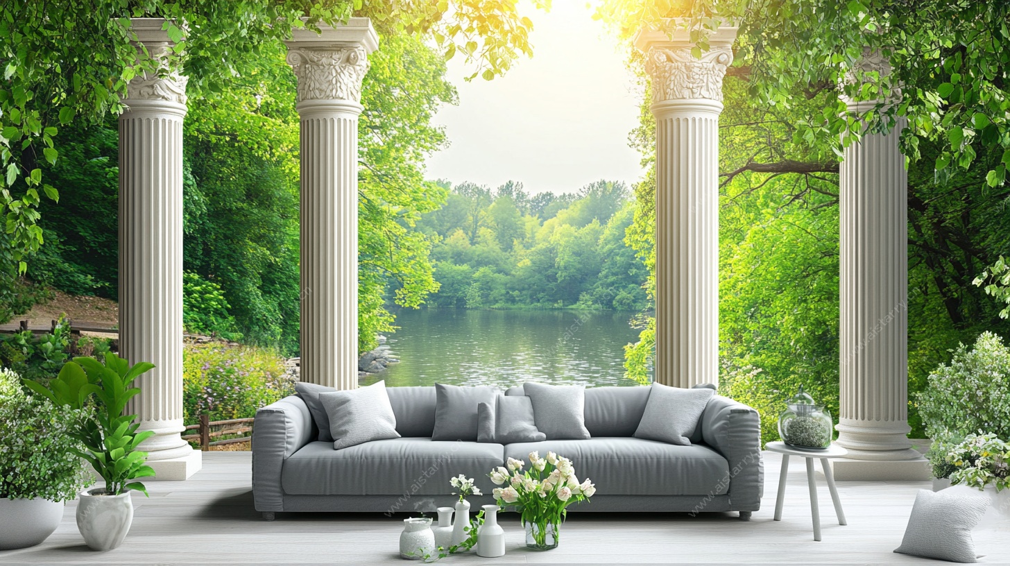 户外古典柱旁的惬意沙发