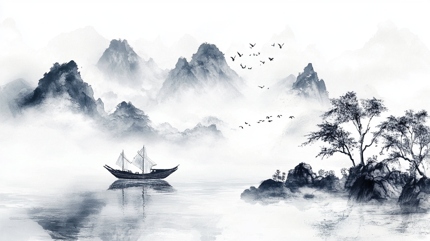 水墨山水孤舟图