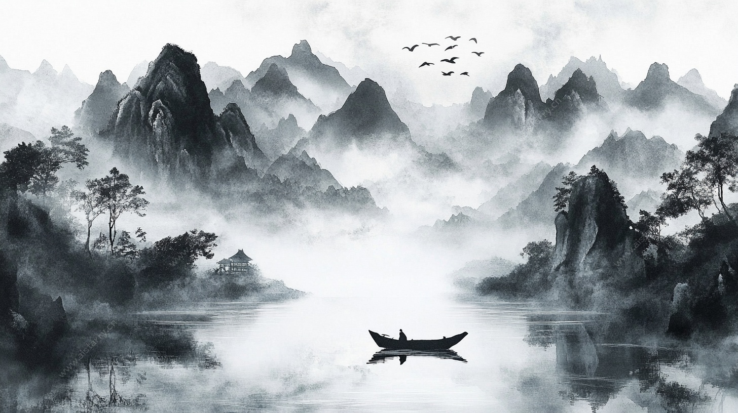 水墨山水孤舟图