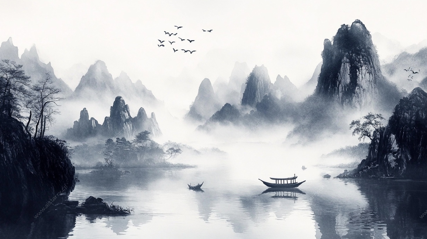 水墨山水间 孤舟飞鸟图