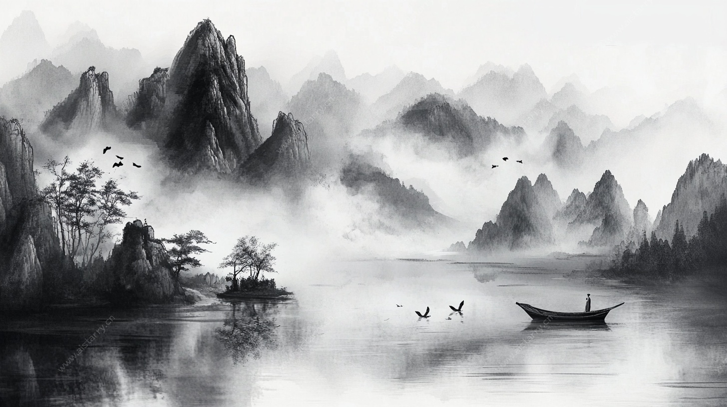 水墨山水孤舟图