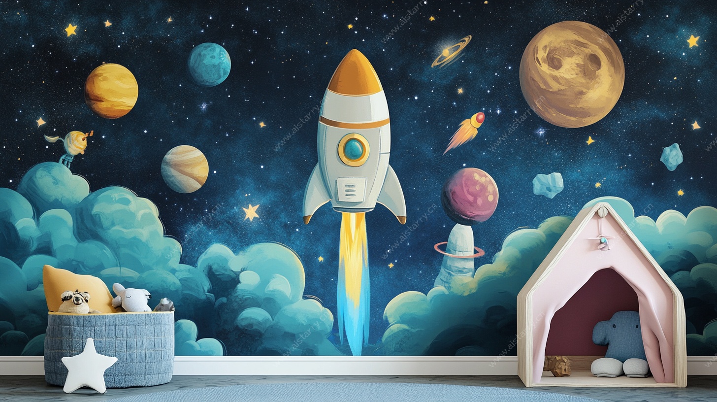 儿童房太空主题火箭壁画