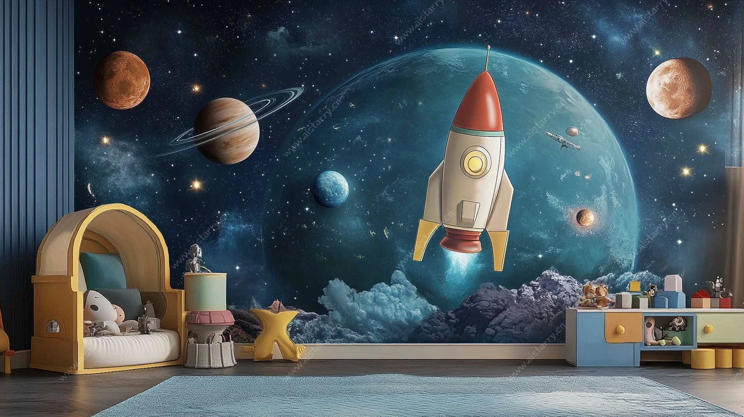 儿童房宇宙主题火箭背景墙