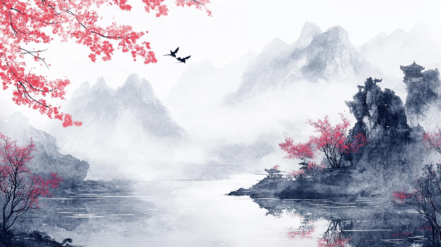 水墨山水红梅飞鸟图