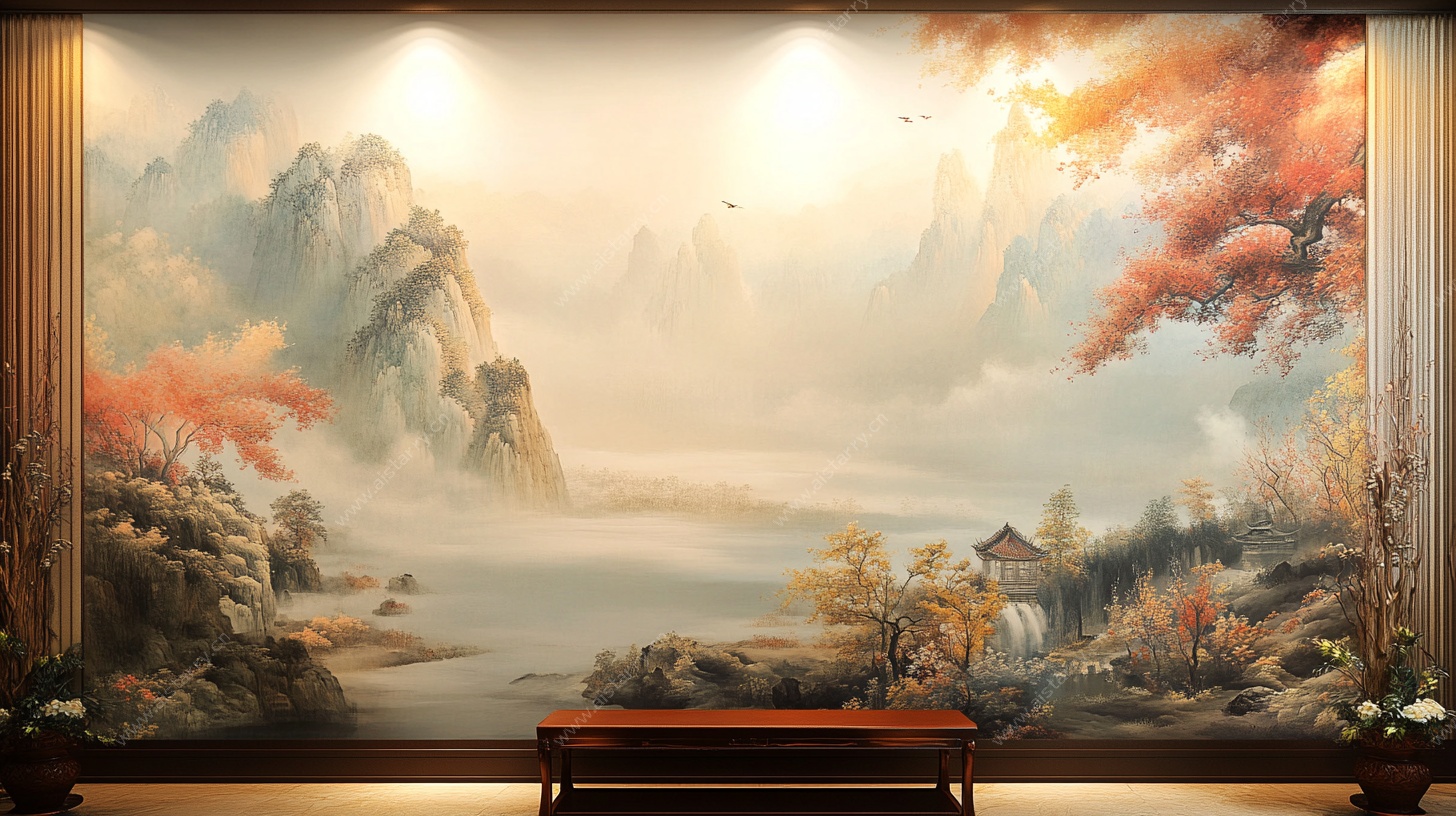 中式山水壁画客厅装饰画