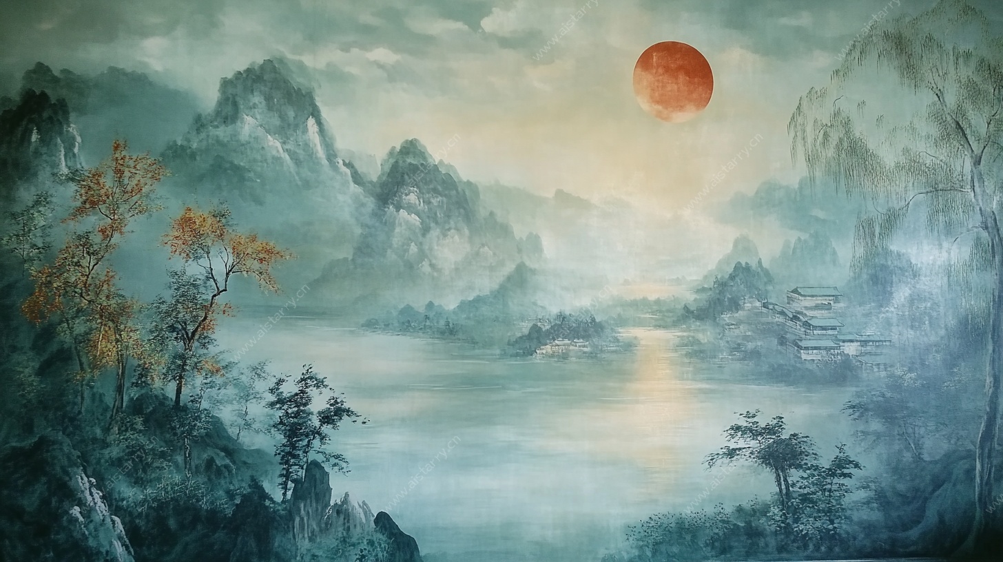 中式山水落日风景图