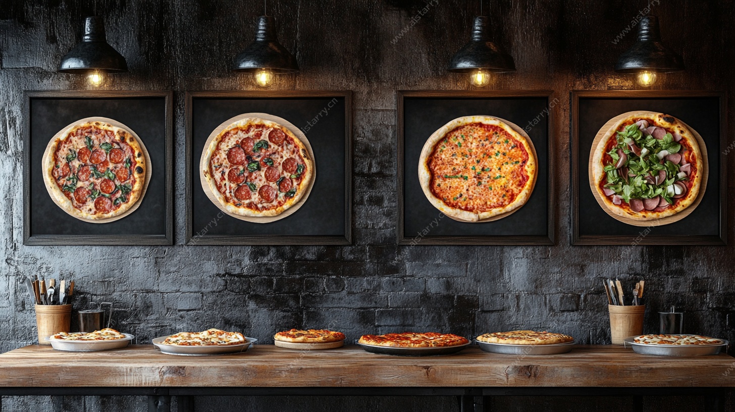 墙上挂饰与桌上多样披萨