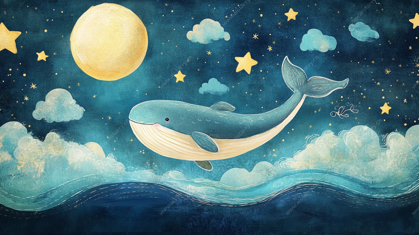 月夜飞鲸梦幻插画