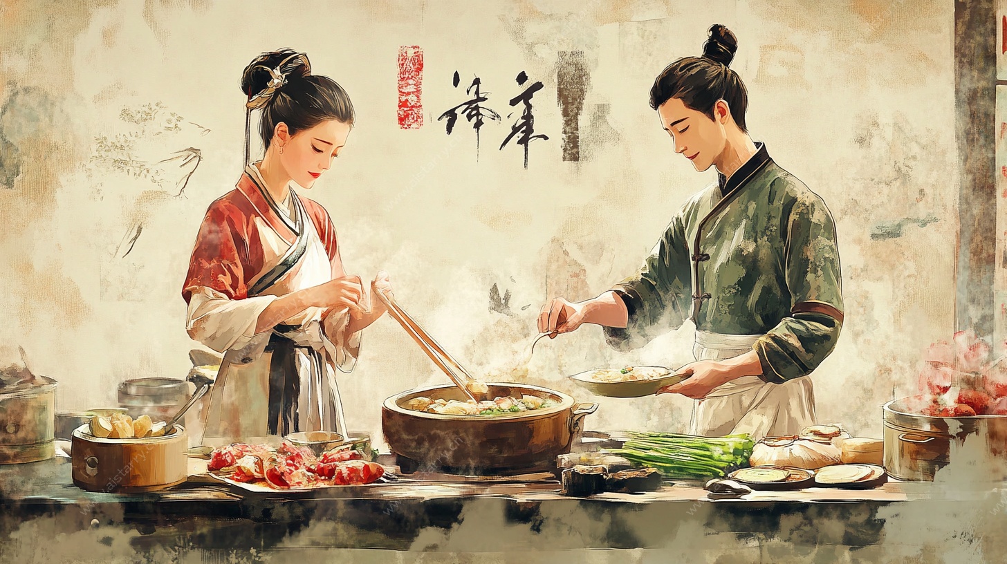 古代情侣烹饪图