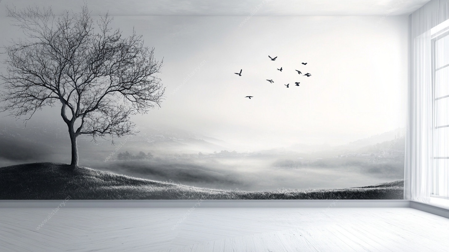 黑白树景室内墙面装饰图