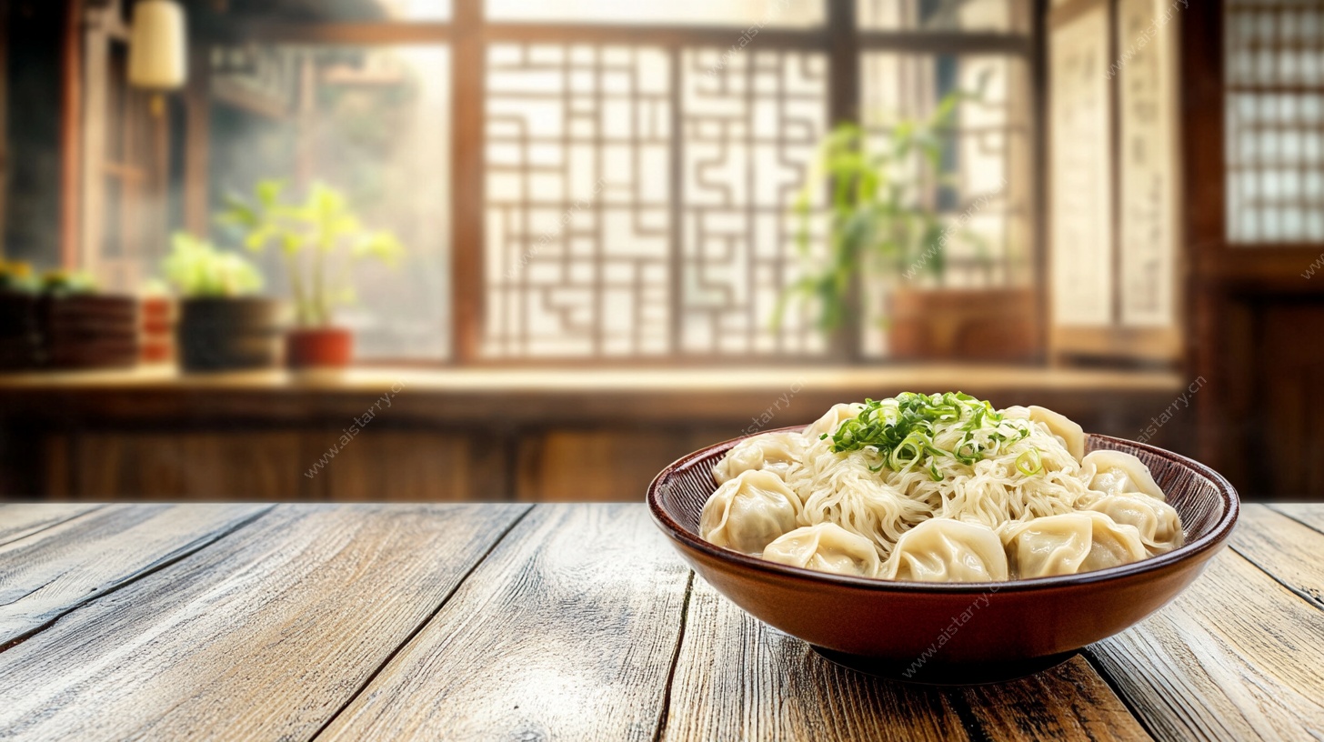 中式木桌前的一碗饺子