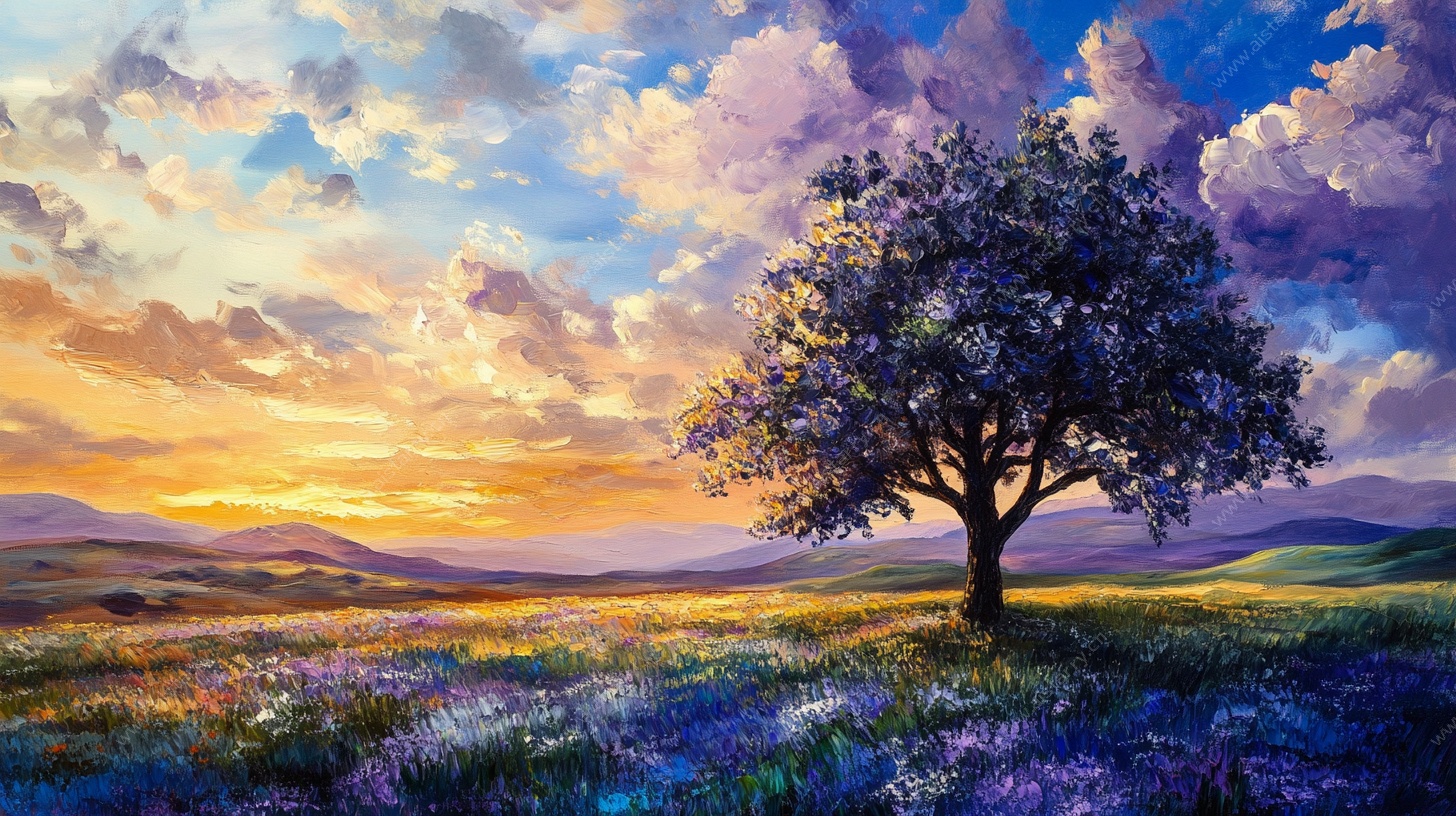 夕阳下的独树繁花风景