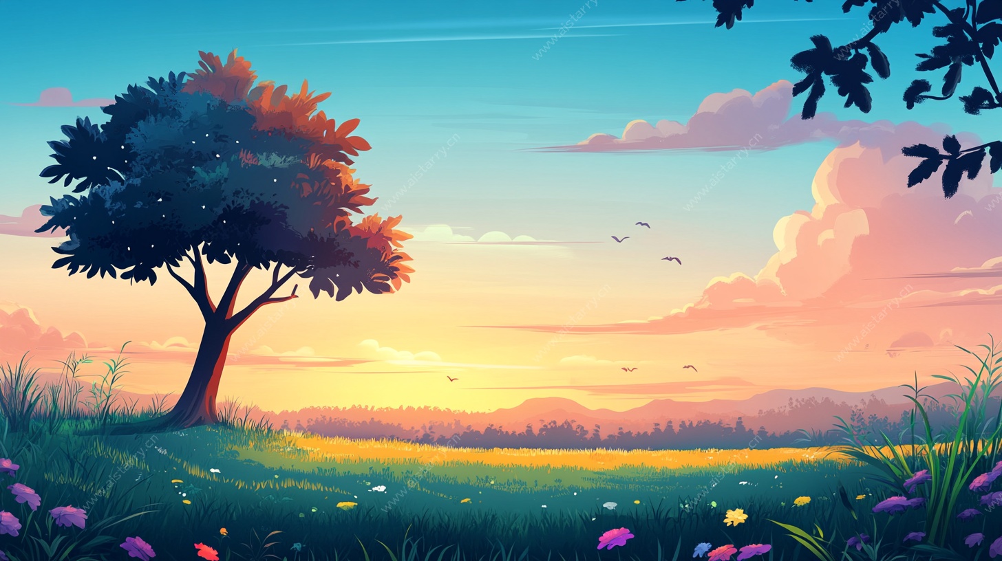 夕阳下的田野独树风景