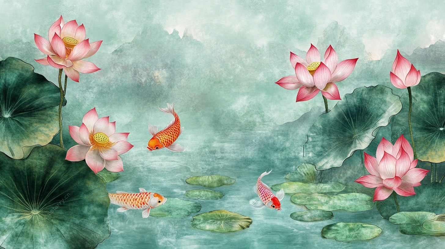 水墨荷塘锦鲤图