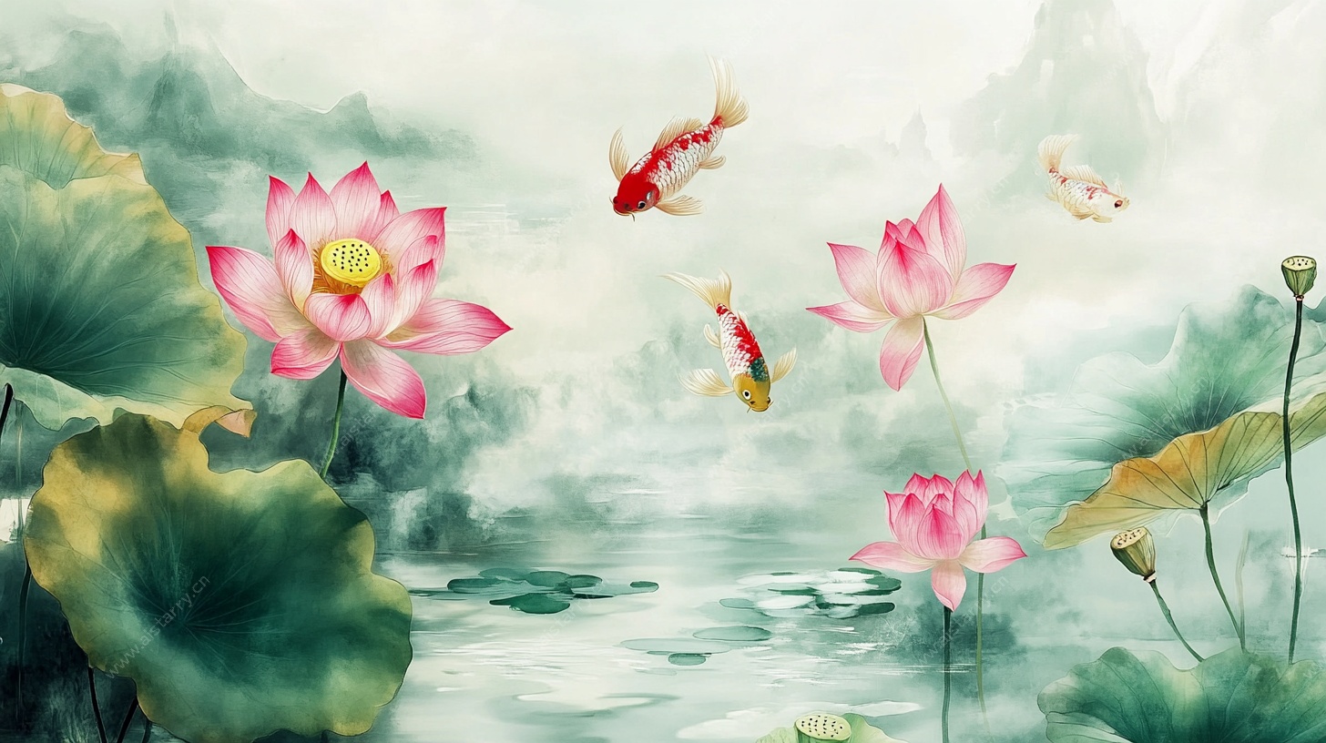 水墨荷塘锦鲤图