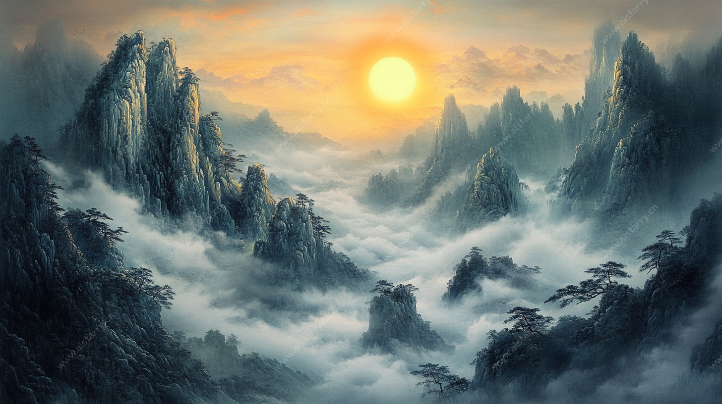 日出云海中的壮丽山峦