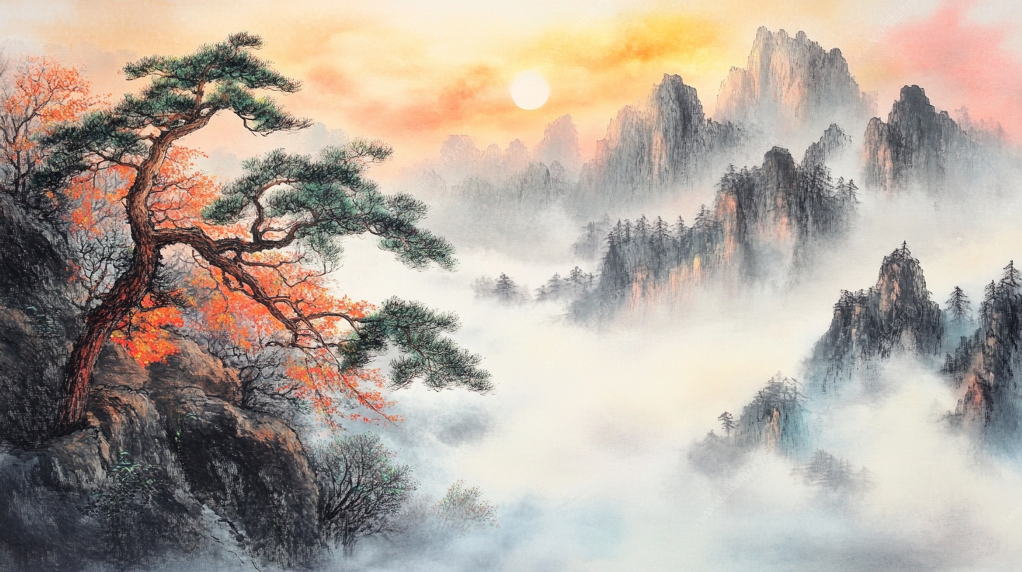 黄山迎客松日出山水景