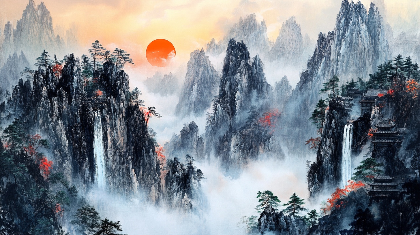 旭日映群山国画风景图