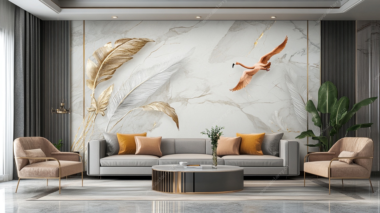 现代客厅 金羽仙鹤大理石背景