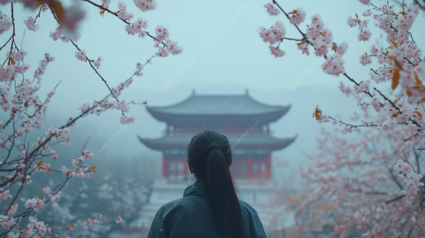 女子赏樱望古建