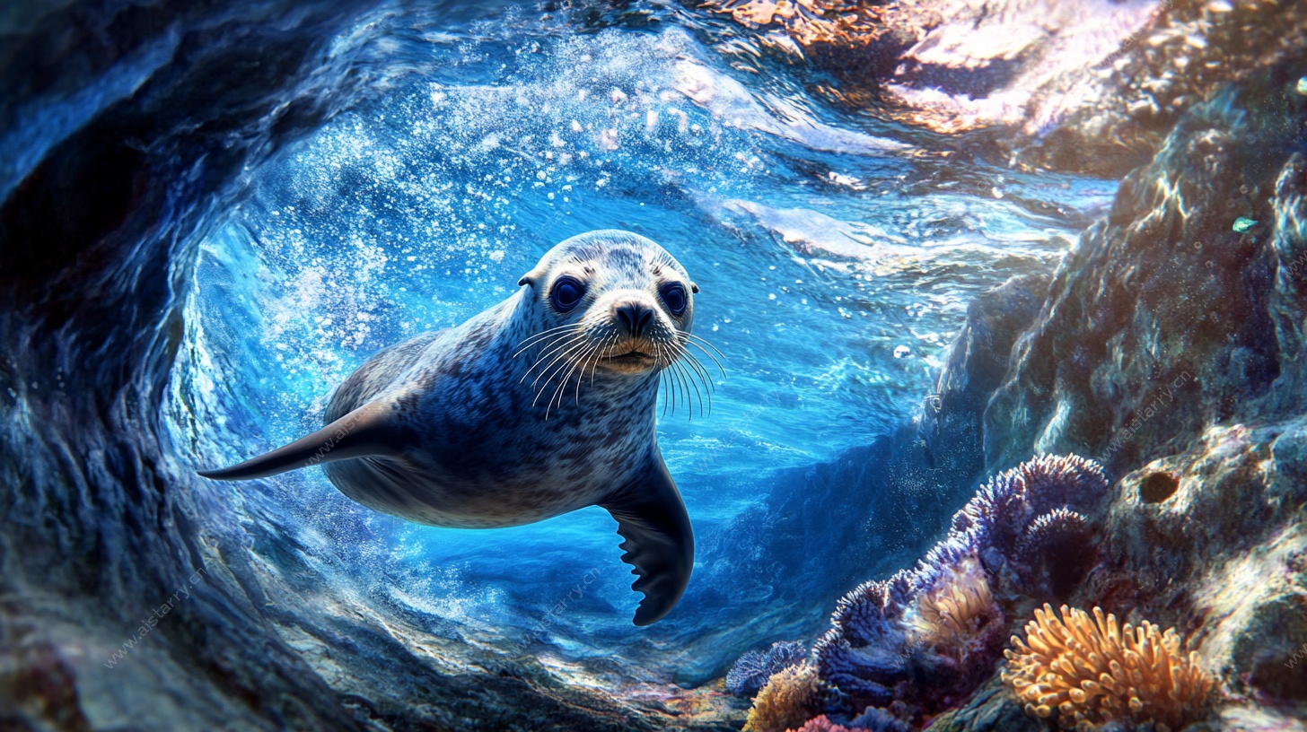 海豹在海底洞穴中遨游