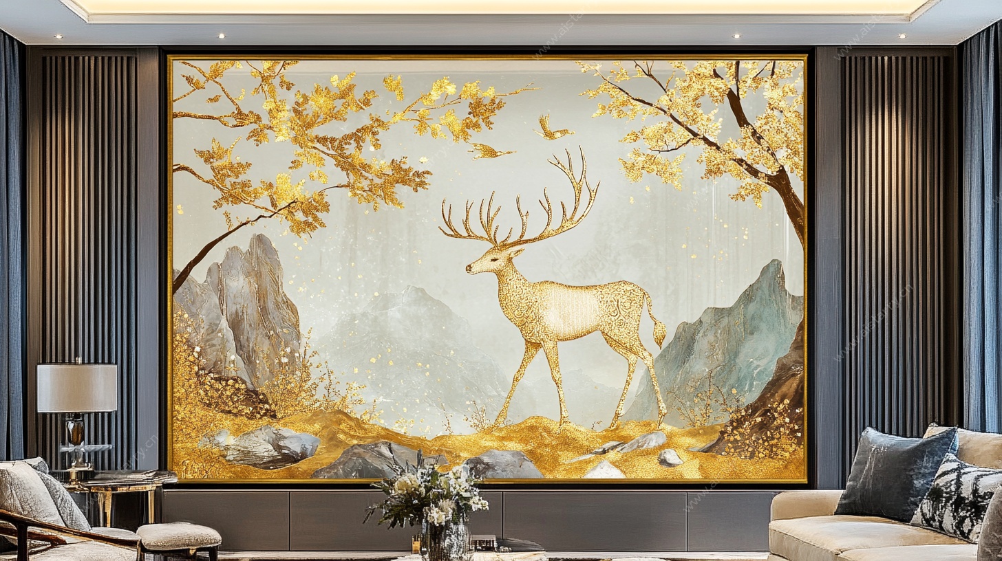 金色麋鹿山水客厅装饰画