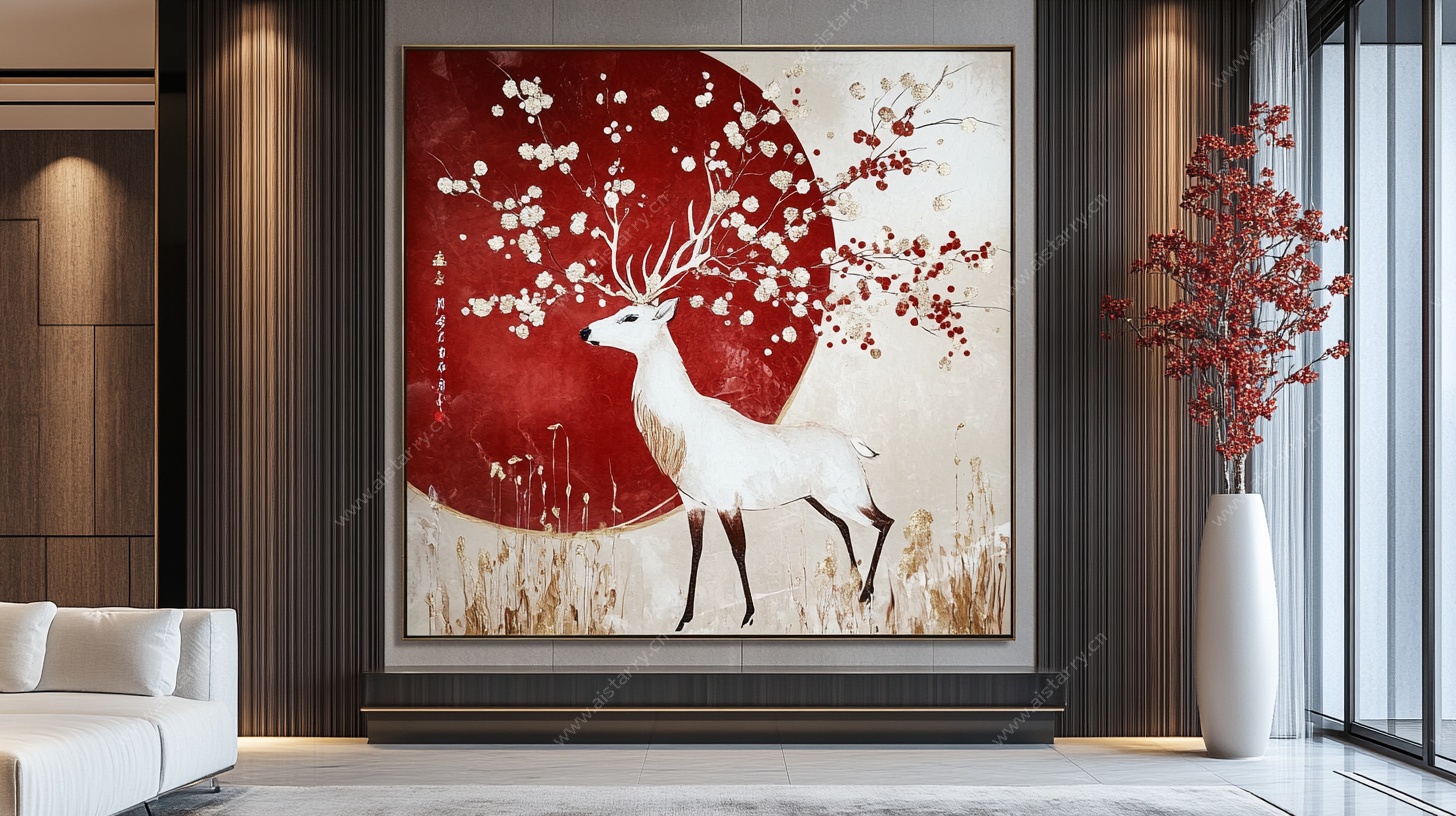 中式客厅的白鹿艺术挂画