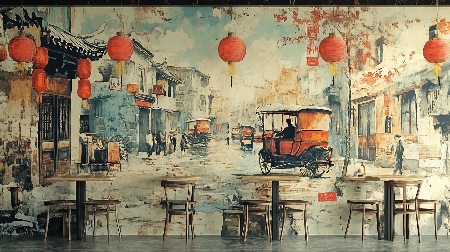 复古中式街景餐厅装饰图