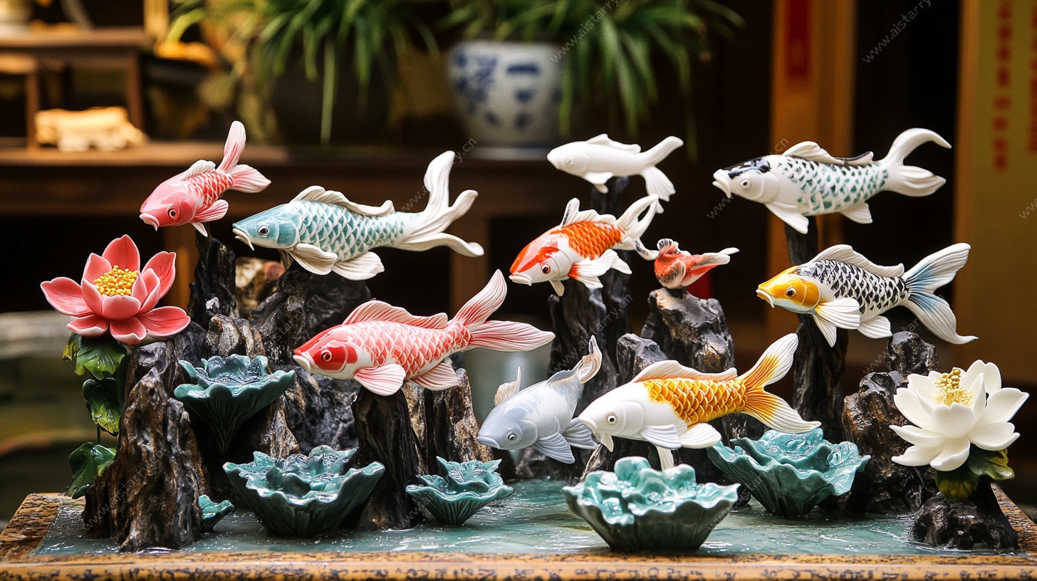 中式锦鲤莲花摆件