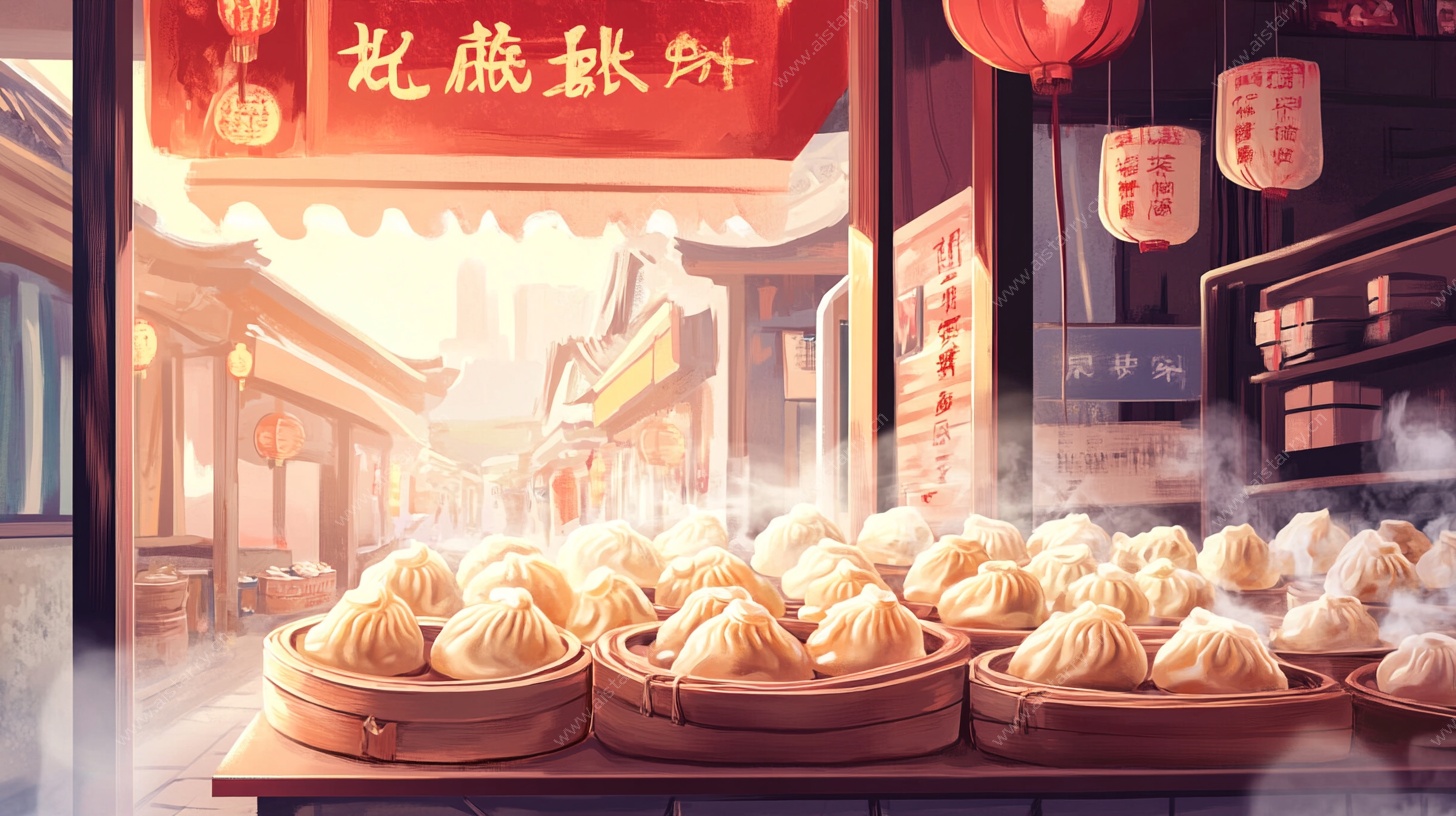 古风街巷中的蒸笼包子铺