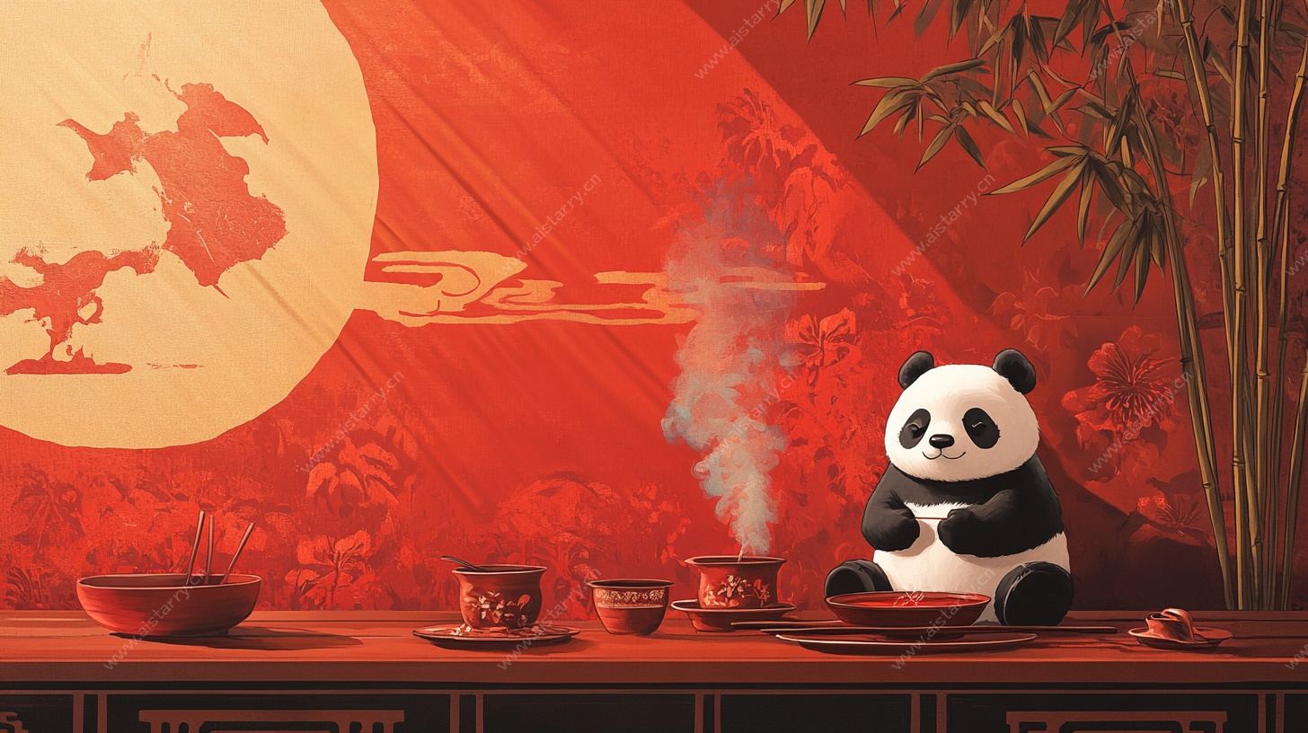熊猫品茶赏中式美景