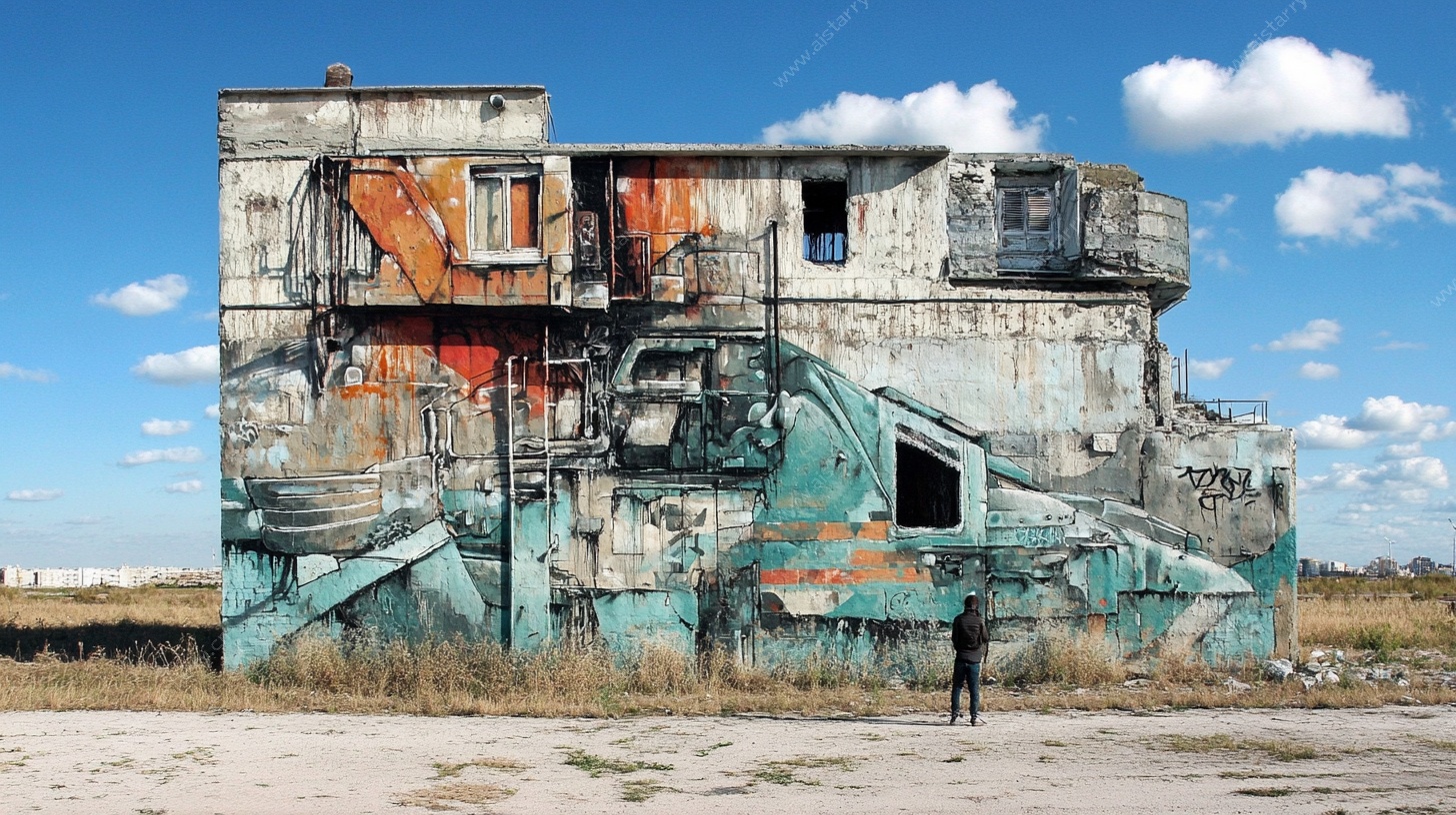 废弃建筑前的孤独身影