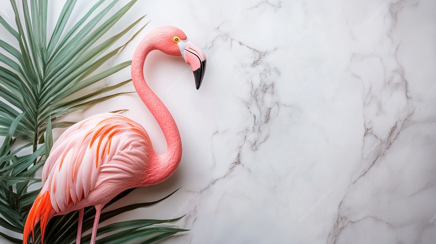 粉色火烈鸟与绿植摆件