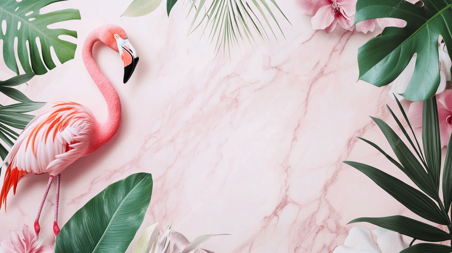 粉色火烈鸟与热带植物背景