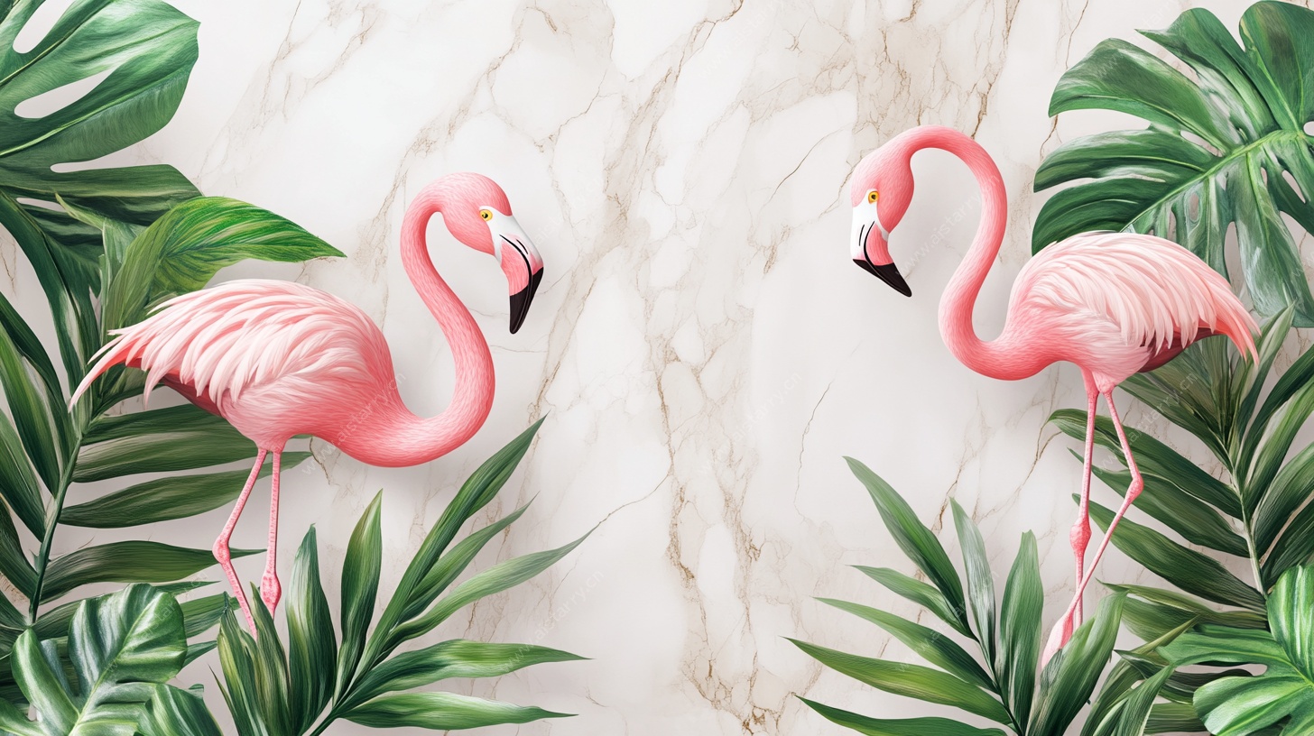 火烈鸟与热带植物装饰图