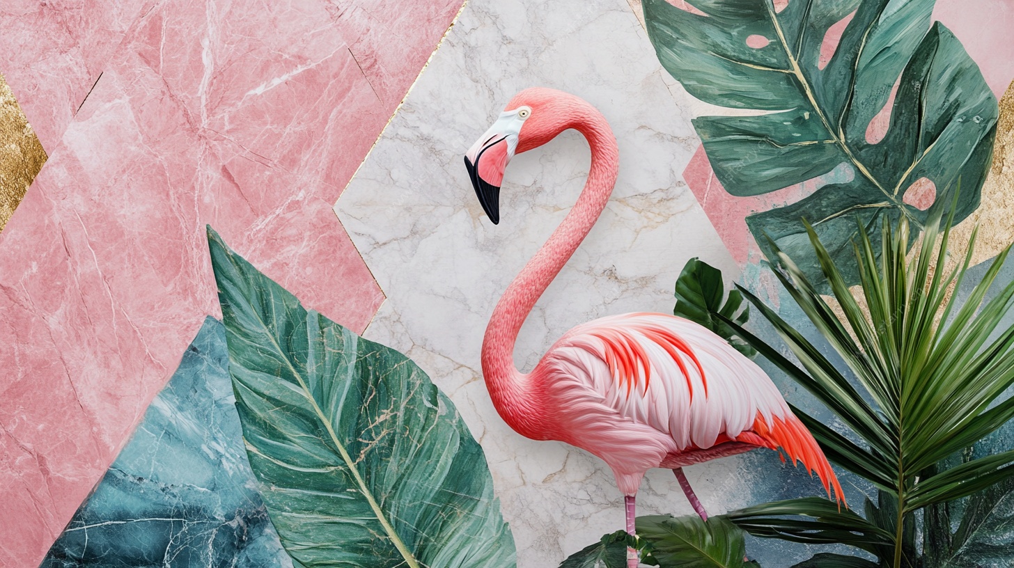 火烈鸟与热带植物装饰画
